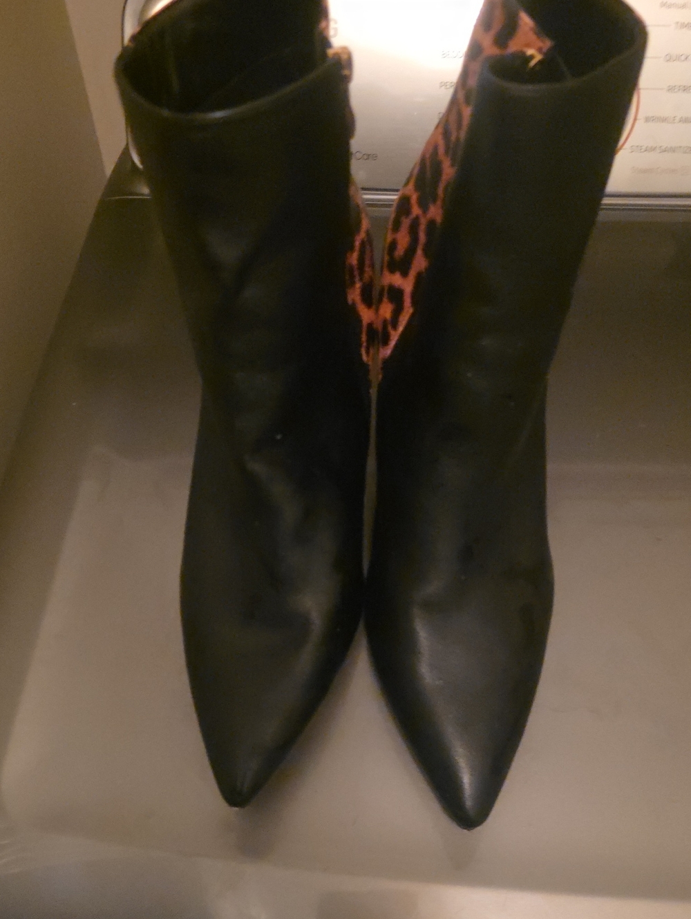 Women's Black Pointed Ankle Boots with Leopard Side Panel
